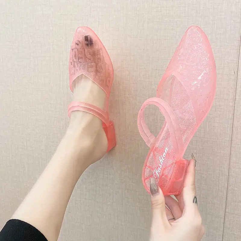 Jelly Sandals for Woman Square Heels Summer 2024 Medium Open Toe Beach Women\'s Shoes Footwear Trend Sale Original Korea on Offer