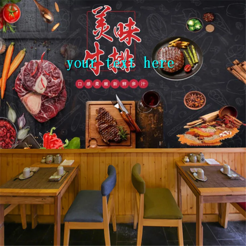 

Modern Delicious Steak Mural Wall Papers Western Restaurant Black Background Wallpaper Industrial Decor Papel De Parede 3d