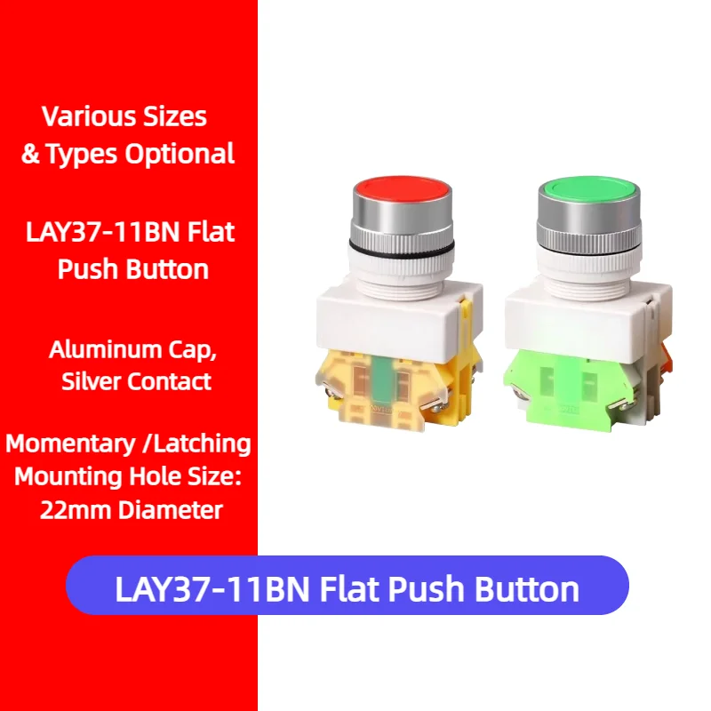 LAY37-11BN Y090 PBC 22mm Flat Push Button Switch Momentary Latching 1NO 1NC for Industrial Control Cabinet Machine Equipment