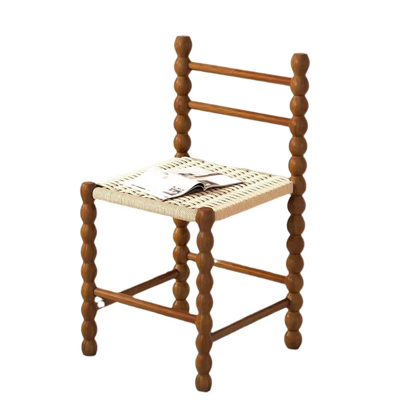 Celebrity Backrest Gourd Small Stool French Light Luxury Solid Wood Dining Chair Japanese Design Retro Rope Braided Chair