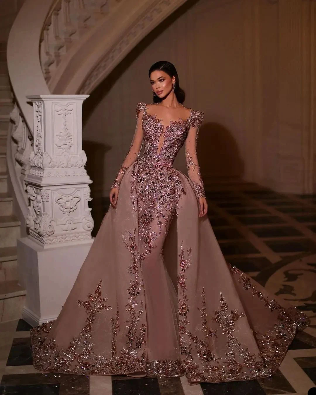 Elegant Floor Length Evening Gowns Full Sleeve Fashion V Neck Fishtail Detachable Trailer Customized Sequin Printed Prom Dresses