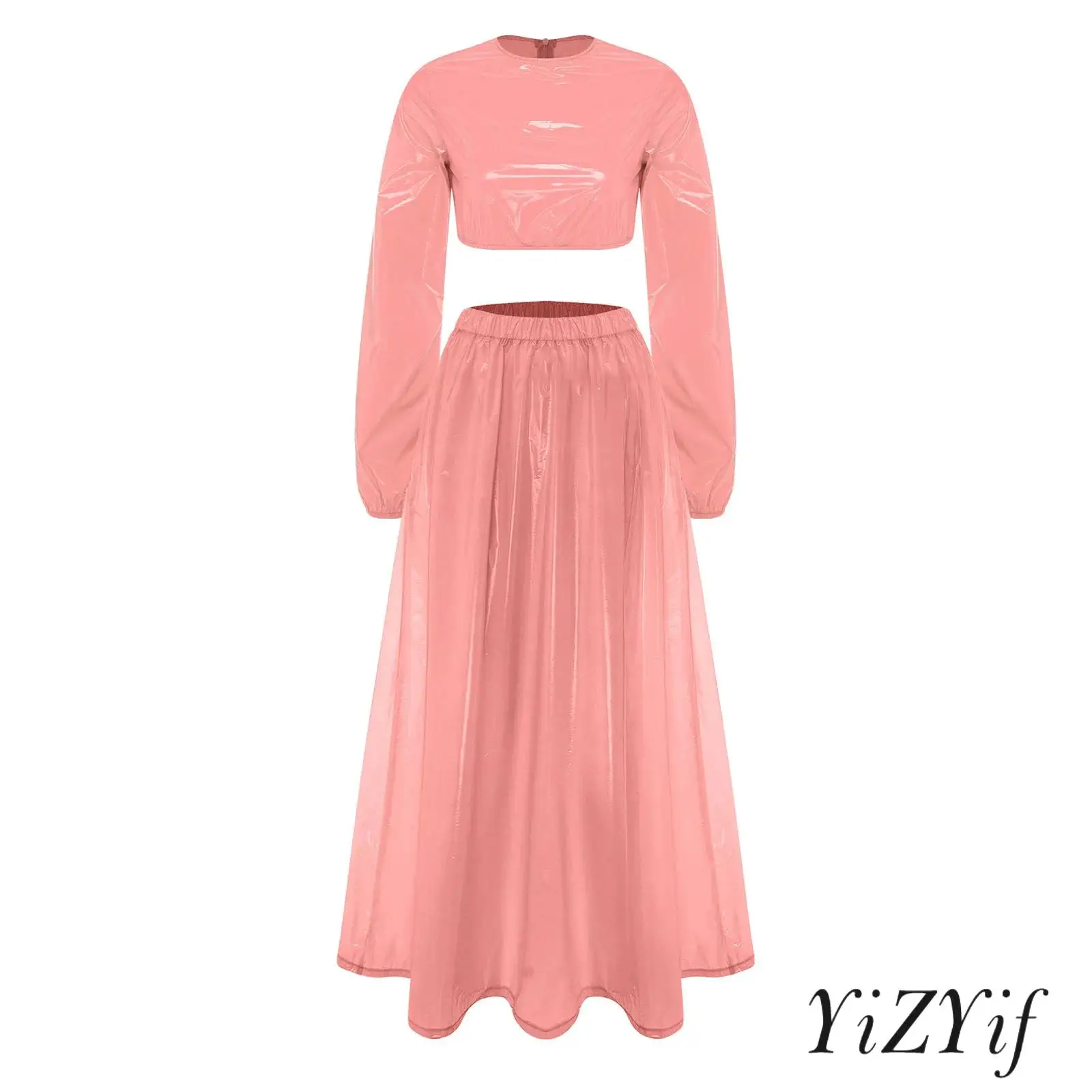 Women Waterproof 2-piece Outfit Long Sleeve Back Zipper Crop Sweat Top and Swing Hem Maxi Skirt for Rave Party Beach