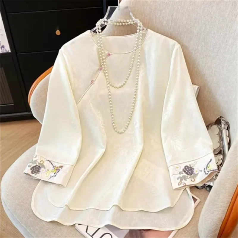 

Vintage Shirt Ladies Blouse Three-quarter Sleeve Shirt for Women High-end Ethnic Shirt embroidered Chinese Top Femme Blues