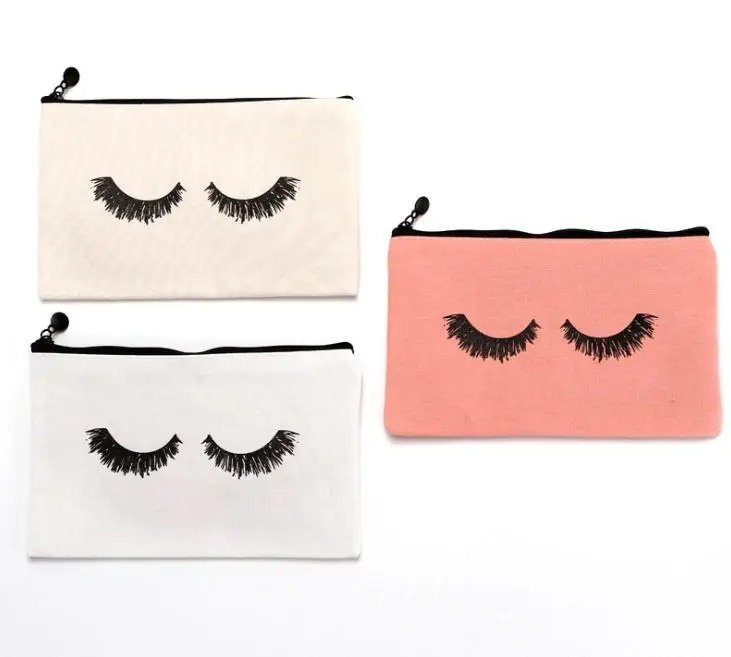 

200pcs/lot 23cmx14.5cm Large canvas Eye Lashes Printed Woman Drawstring Makeup Bag Zipper Clutch Bag Cosmetic Organizer