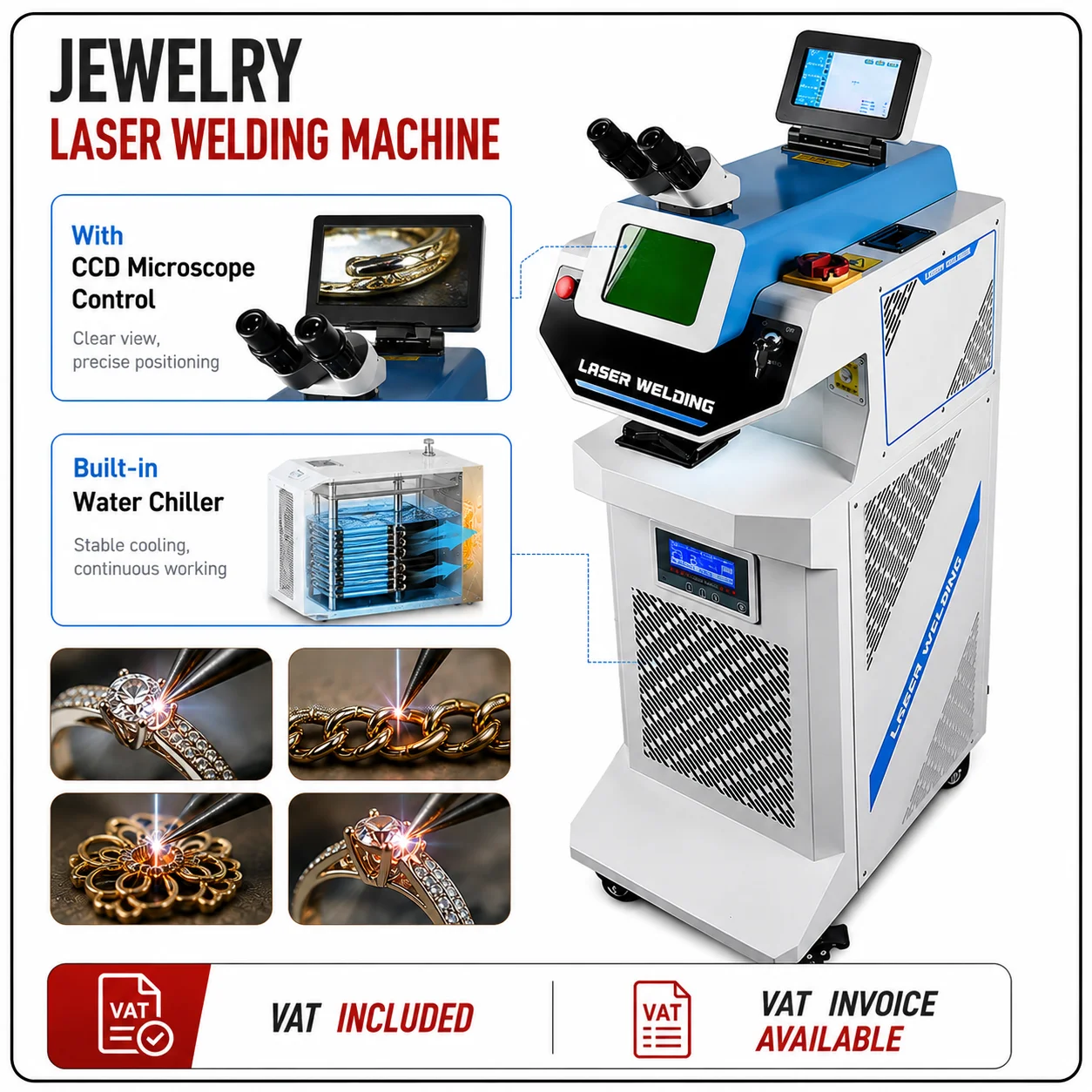 200W Desktop-Schmuck-Punktschweißgerät mit CCD-Mikroskopsteuerung und integriertem Wasserkühler für Silber, Gold, Ringe, Anhänger, Zahnprothesen und Schmuck – Laser-Punktschweißmaschine