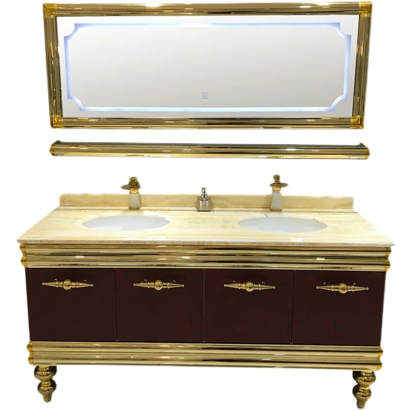 New Chinese stainless steel bathroom cabinet bathroom washbasin natural marble light luxury washbasin cabinet combination