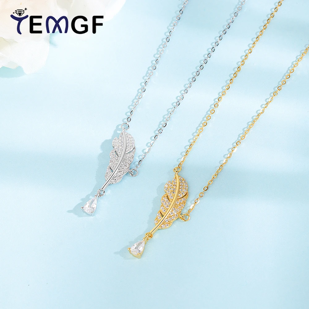 

TEMGF 925 Silver Feather Pendant Necklace 3*5mm Zircon/Moissanite Inlaid Fine Neck Shiny Jewelry for Women Plated 18K Gold Chain