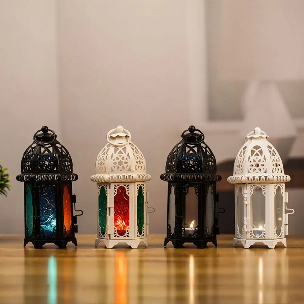 Home Decoration Moroccan Candlestick Metal Transparent Glass Candle Lantern Desktop Ornament Hollow Pattern Candle Holder