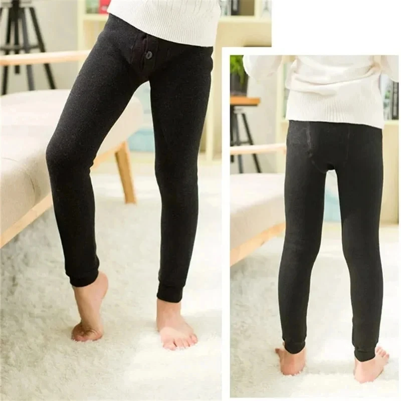 Winter Boys Solid Color Leggings Plush Thicken Seamless Integrated Warmth Pant Simple Style Children\'s High Elasticity Warm Pant