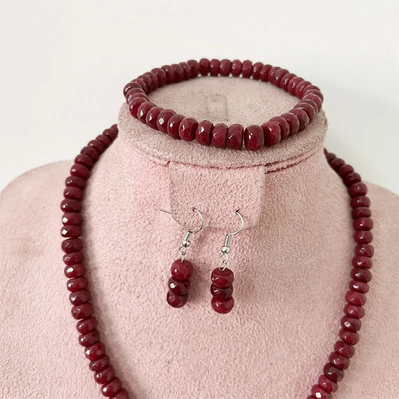 Faceted 5*8MM Deep Red Ruby Natural Stone Jewelry Sets Bead Necklace Earrings Bracelet Chain Choker Simple Design Party Boho