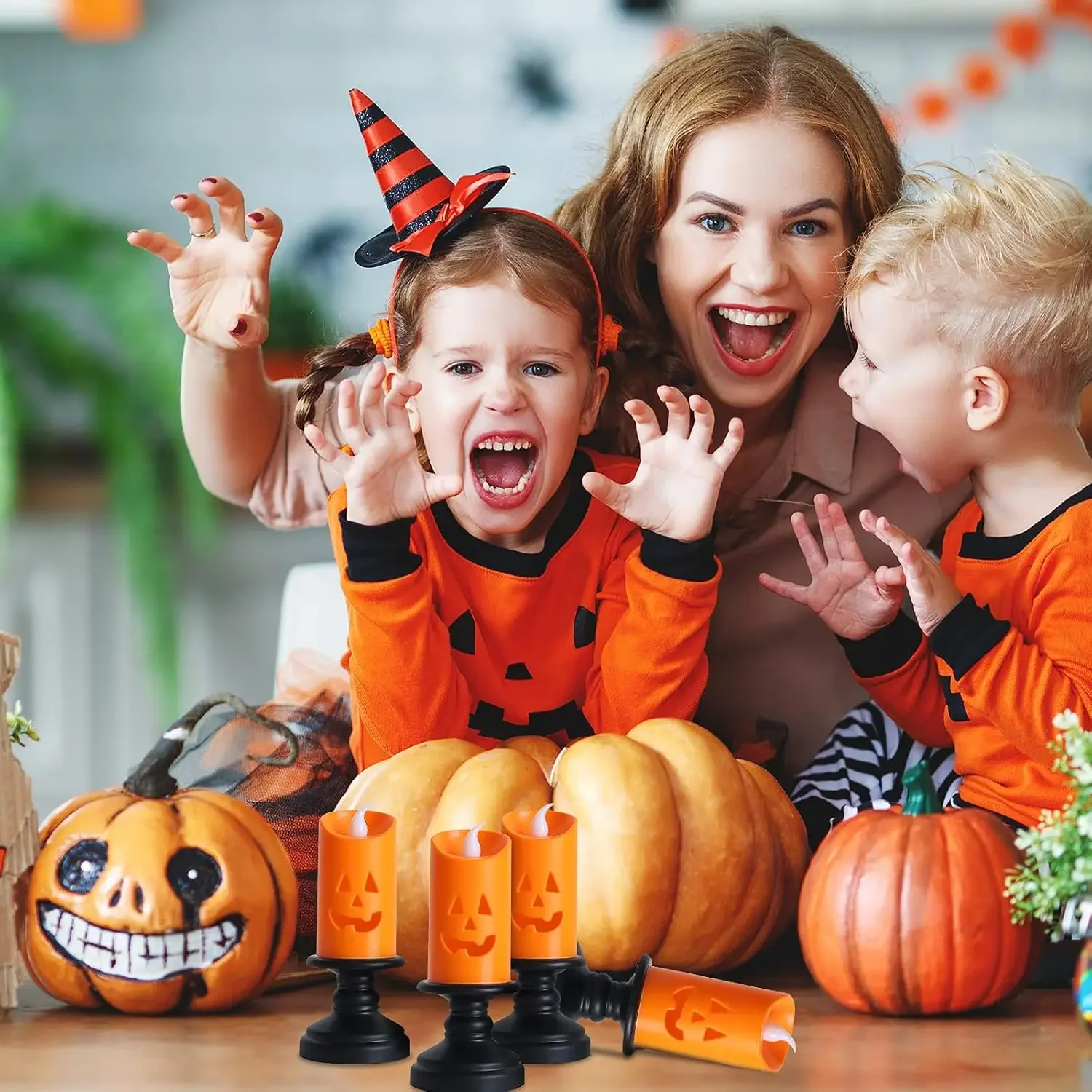 Candele di zucca senza fiamma LED Bagliore arancione Centrotavola da tavolo di Halloween Decorazione con sfarfallio spettrale Atmosfera stregata alimentata a batteria