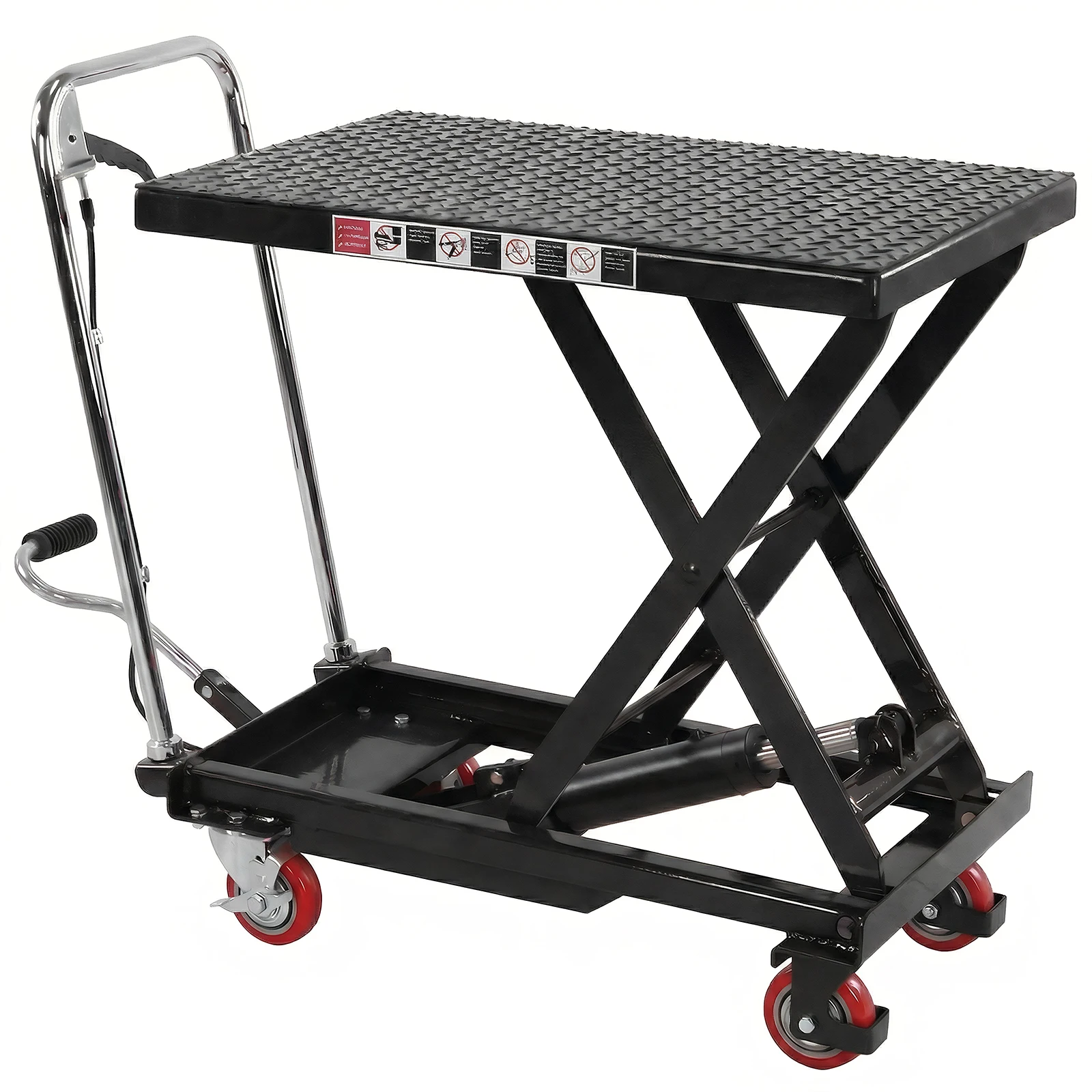 

Гидравлическая тележка-платформа грузоподъемностью 150 кг с противоскользящей платформой и 4 колесами для перемещения и транспортировки материалов