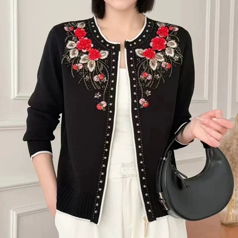 

Embroidery Floral Cardigans Spring Autumn Sweater Women Knitted Top Femme Fashion Beading Zipper Female Cardigan
