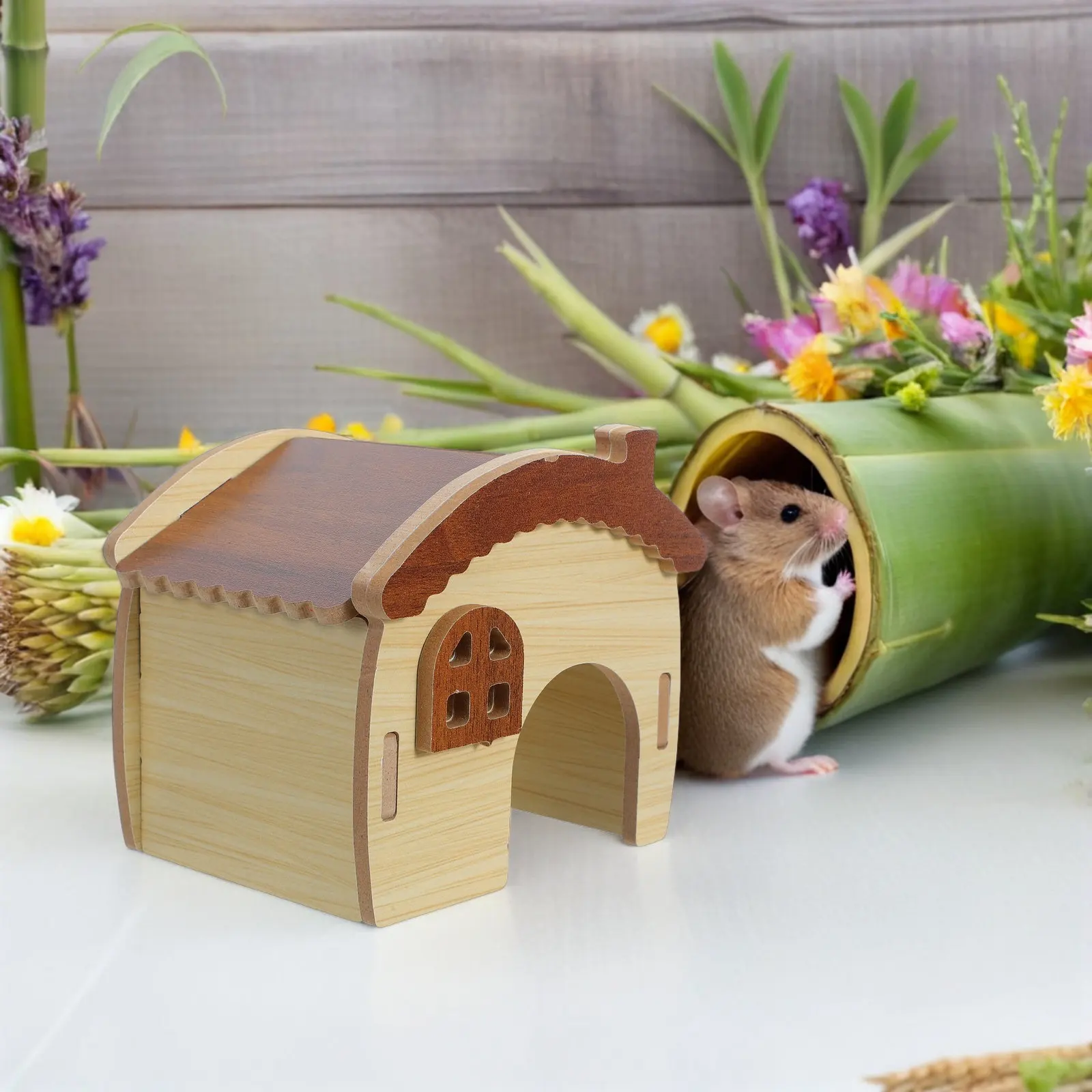 Hamster Wooden Hut with Multi-Layer Platforms and Concealed Hideouts for Small Pets Exploring Climbing Sleeping Natural Wood