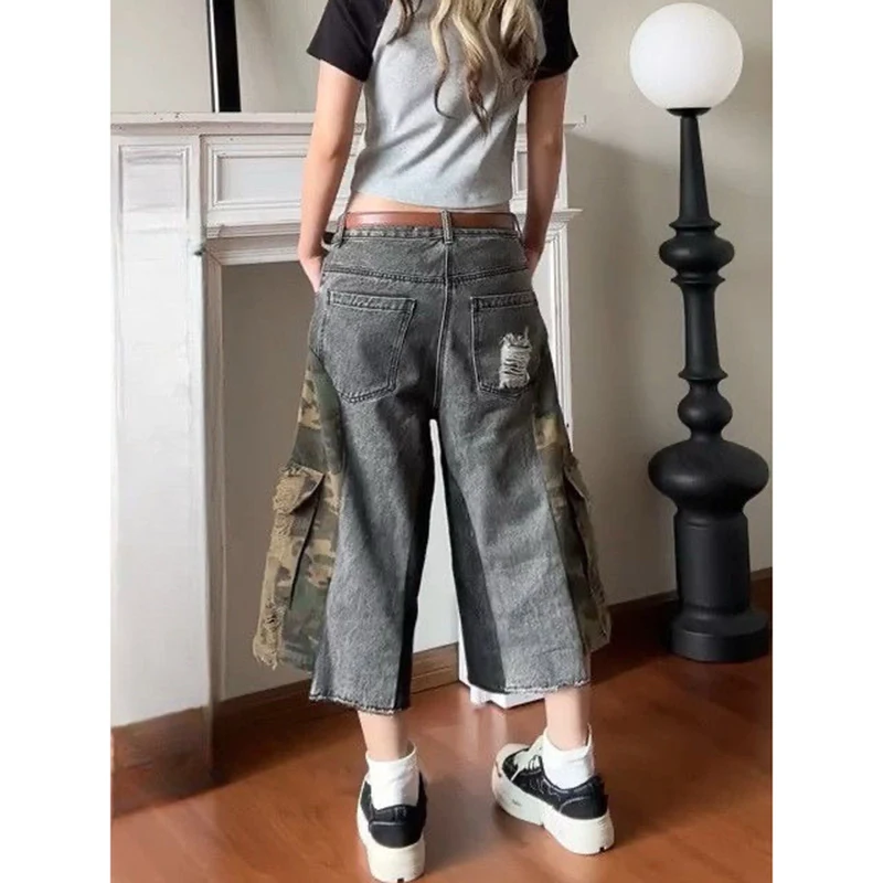 

Уличная одежда, винтажные зеленые камуфляжные джинсы, женские американские ретро Y2K, прямые широкие джинсовые шорты с высокой талией, женские летние брюки