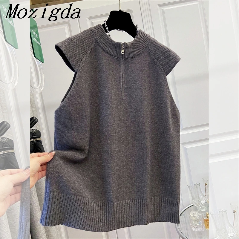 

Вязаный свитер без рукавов на молнии большого размера, женский весенне-осенний свободный свитер, жилет, однотонный жилет, верхняя одежда, жилет, топ