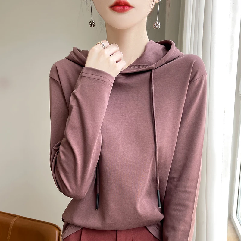 Spring and Autumn New 100% Mercerized Cotton Hoodie Women\'s Loose Long Sleeve T-shirt Solid Color Base Top