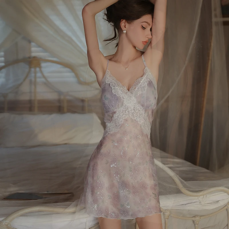 المرأة رغبة نقية الحلو الشيفون مجموعة الملابس الداخلية الساخنة البرازيلي مبطن مثير انظر من خلال ثوب النوم ملابس النوم المنزل #4