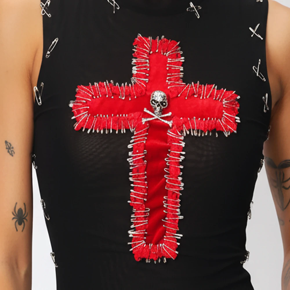 Women's Y2K Gothic Cross Crop Top Emo Grunge Punk Rock Teen Festival Tank E-girl Boho Street Wear Skull Clothes Goth ALT T-Shirt