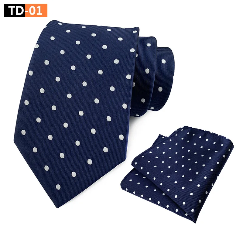 Hot Sale 2pcs Fashion Classic Suit Accessories 8cm Dot Polyester Tie 25*25CM Handkerchief for Men Neckties Hanky Pocket Square