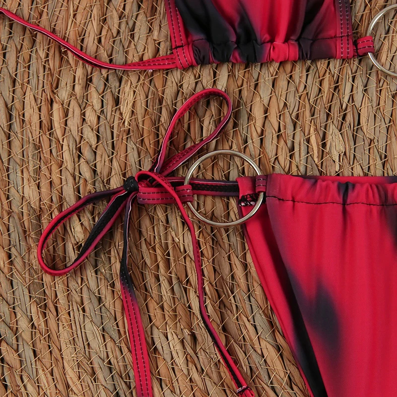 Costume da bagno micro bikini a 3 pezzi con stampa sfumata Costume da bagno donna sexy con lacci a triangolo Gonna lunga 2025 Nuovo set bikini da spiaggia