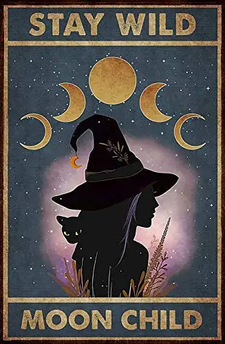 Kalynvi Stay Wild Moon Child Witch and Cat Halloween Tin Sign Retro Style Miller Beer Bar Den Halloween Painting Metal