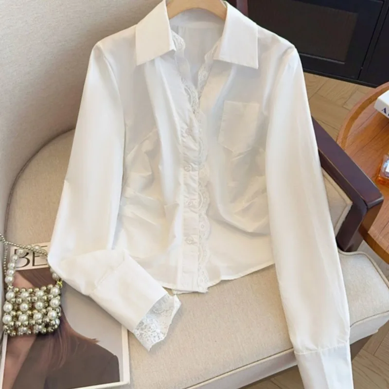

Женская рубашка с полым кружевным воротником, тонкая рубашка с защемленной талией, осенний высококачественный топ с длинными рукавами
