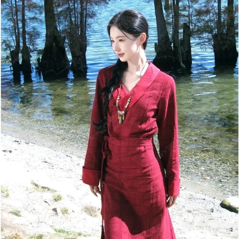 

Chinese Tibet Style Ethnic V-Neck Dress Women Red Long Sleeve Vintage Casual Maxi Dress Tibetan