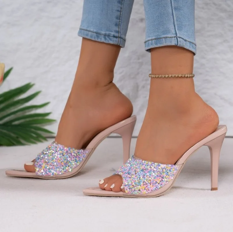 

Women's High Heels Slippers Summer New Sexy Open Toe Stilettos Sandals Woman Luxury Sequined Pointed Banquet Party Pumps Shoes