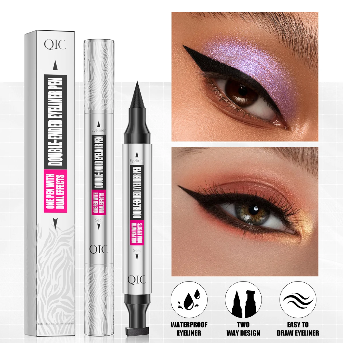 QIC ブラックスタンプアイライナーペンシル両端防水速乾性長期持続リキッドアイライナーメイクアップアイ化粧品