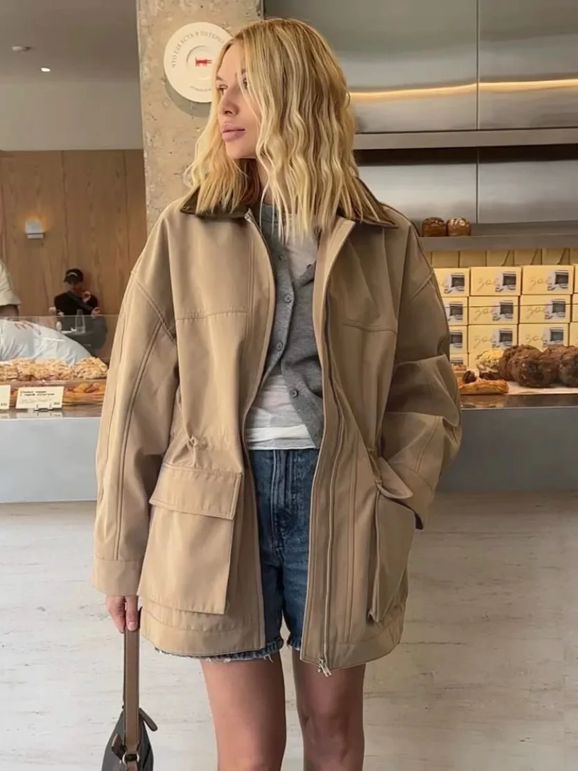

2025 Autumn Drawstring Trench Jacket Women Warm Khaki Coats Jackets