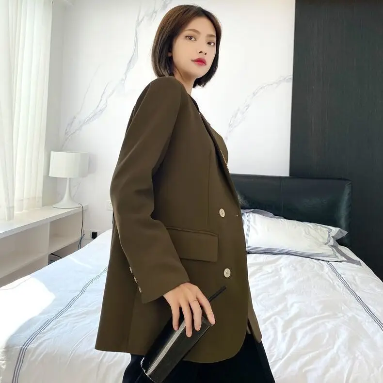 Casual Woman Blazer Sacks Mid-Long Temperamet Slim-Fit Crew Zip Age-Reducing Shimmer Splied Full-Length Extended Newkorean