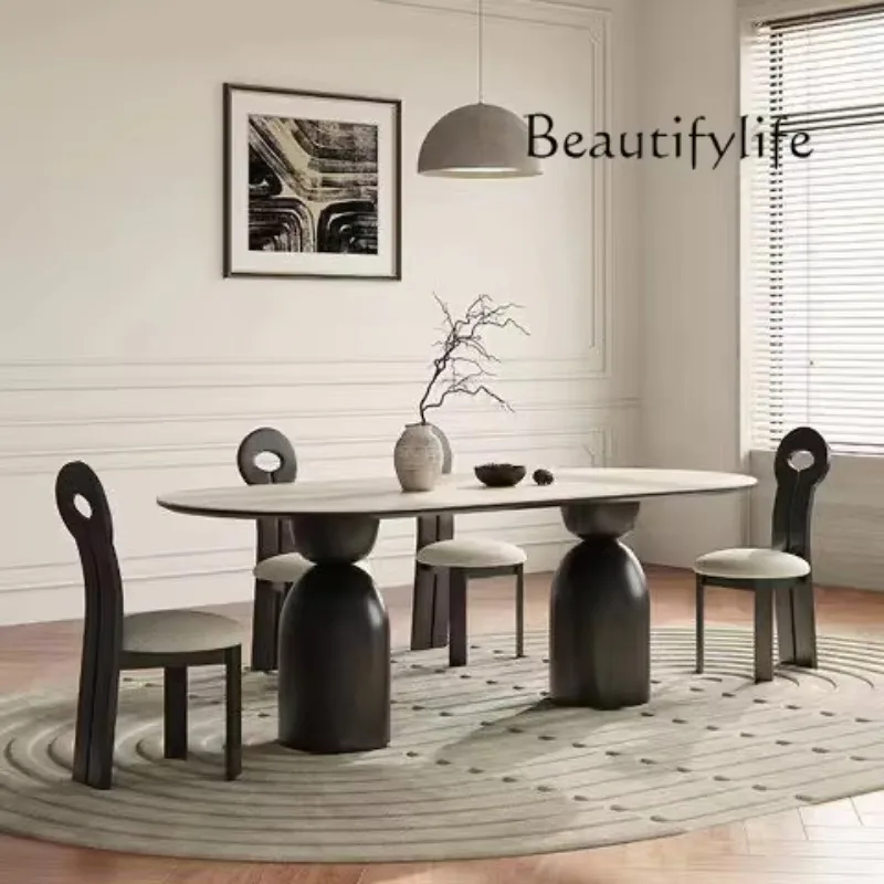 

X35 Simple Solid Wood Dining Table Oval Household Small Apartment French Modern Simple Light Luxury Matte Rock Slab Dining Table