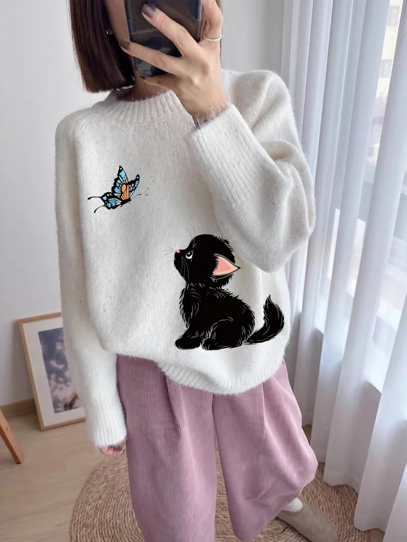 

Корейский стиль: новый утепленный женский свитер свободного кроя с круглым вырезом, тонкой вязкой, принтом и длинными рукавами для повседневной носки зимой