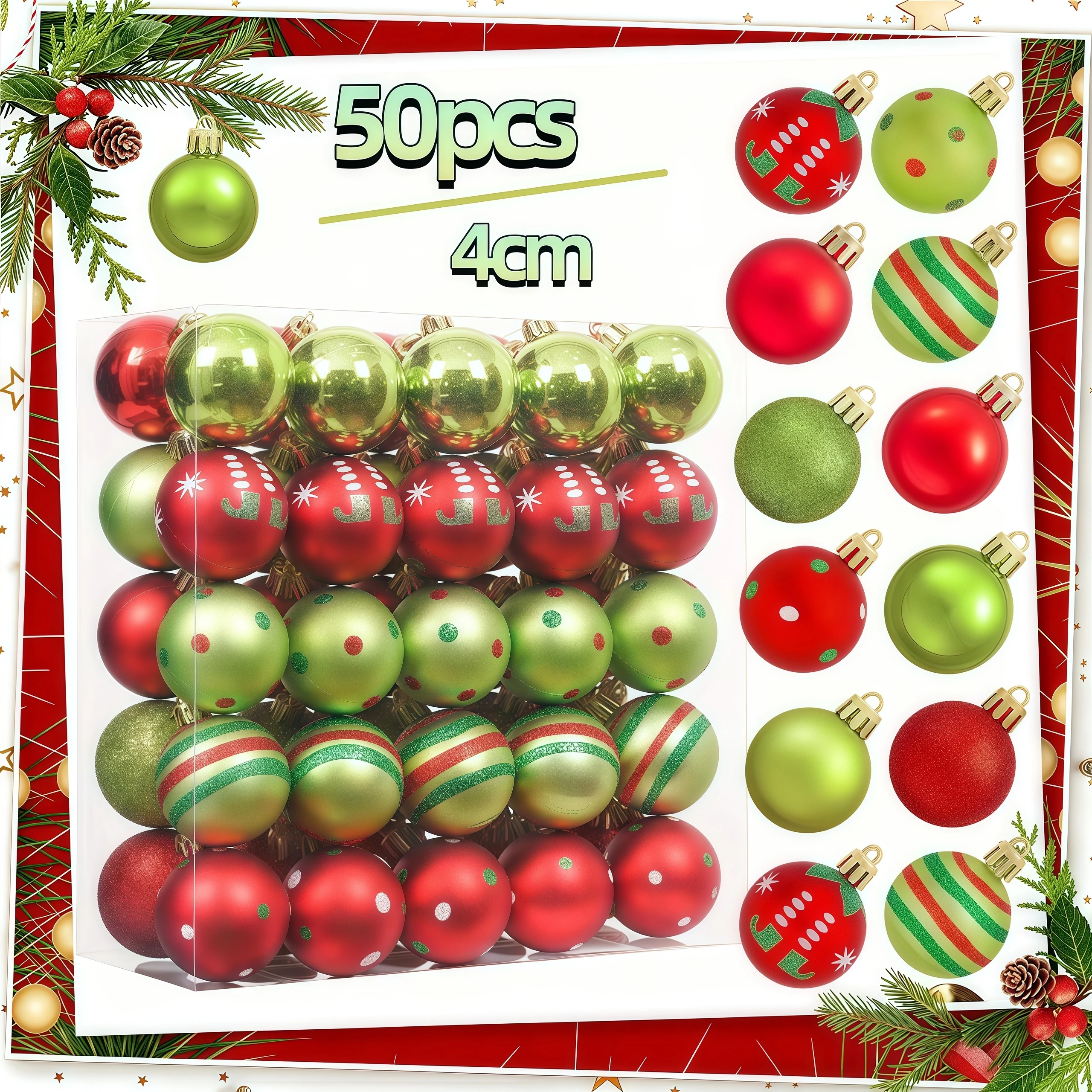 50PCS 4CM Christmas Tree Balls Ornament Red Green Hanging Bauble Pendant 2025 Christmas Decoration for Home 2026 New Year Gifts