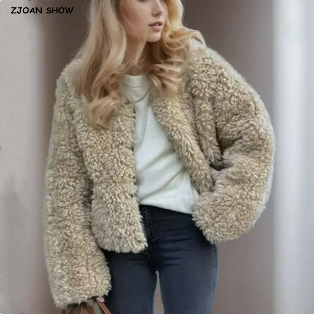 

2024 Autumn Winter Vintage Reversible Double-face Suede Lamb Fur Coat Women Furry Center Covered Buttons Warm Jacket Outerwear