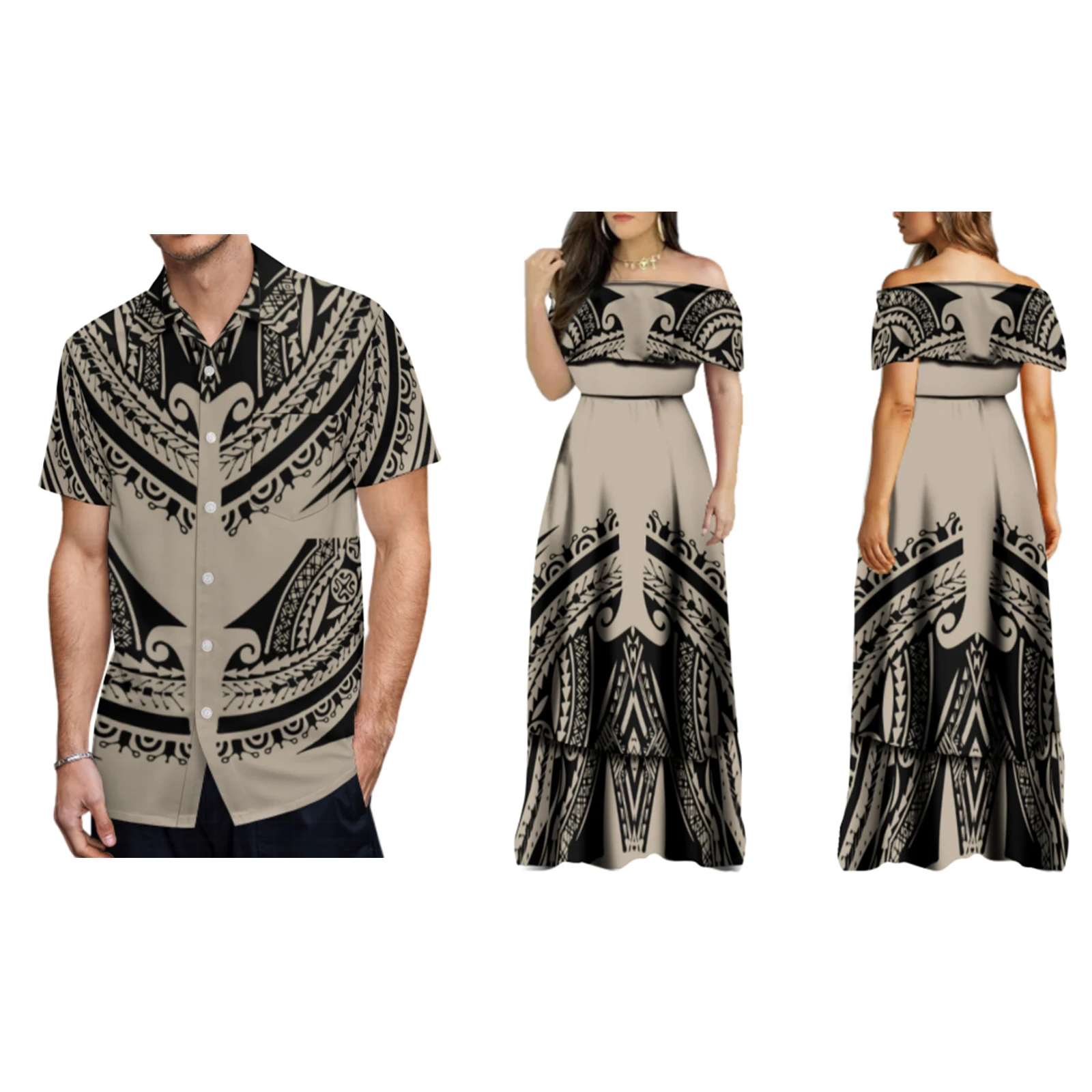 2024 New Arrival Custom Elegant Frill Off Shoulder Dress Gowns Polynesian Samoan Tribal Printed Long Maxi Evening Dresses Women