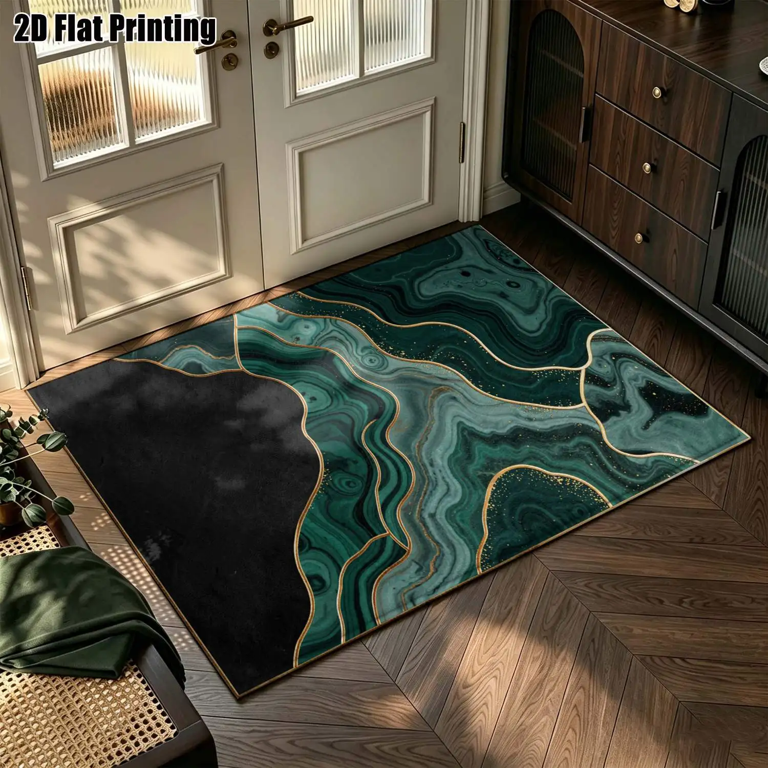 1Pc 2D Printed Carpet: Dark Green Gold-Plated Texture, Modern Simple Instagram Style, Multi-Size Machine Washable, for Entrance, Dining, Bedroom, Living Room Etc