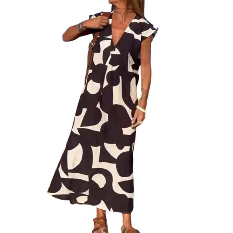 

Elegant Geometric Print Loose Deep V Neck Pullover Dresses Women Summer Sleeveless Dressy Female Comfortable Casual Big Hem Gown