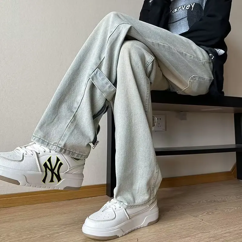 جينز رجالي كاجوال عمودي بساق مستقيمة ، سراويل فضفاضة ، سحاب ، سفر ، تخييم ، ريترو ، جودة ، نحيف ، نمط هونغ كونغ #3