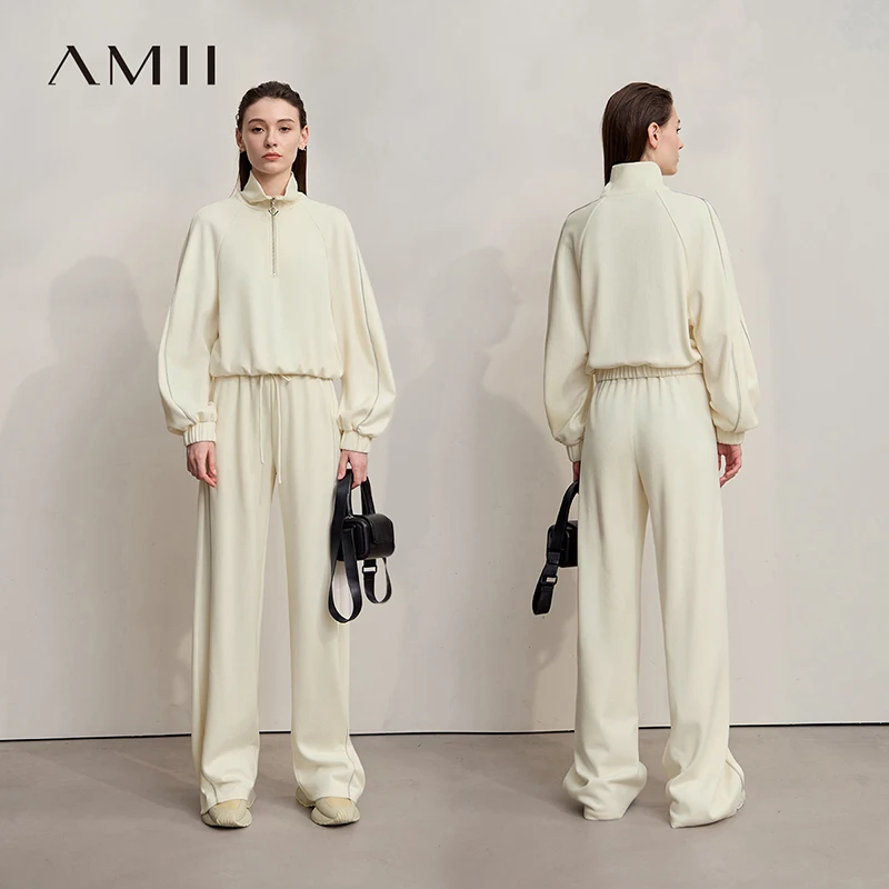 AMII Turtleneck Sweatshirt 2025 Autumn New Loose Knitted Long Sleeves Sweater Pant Solid Color Casual Wide Leg Trousers 12553064