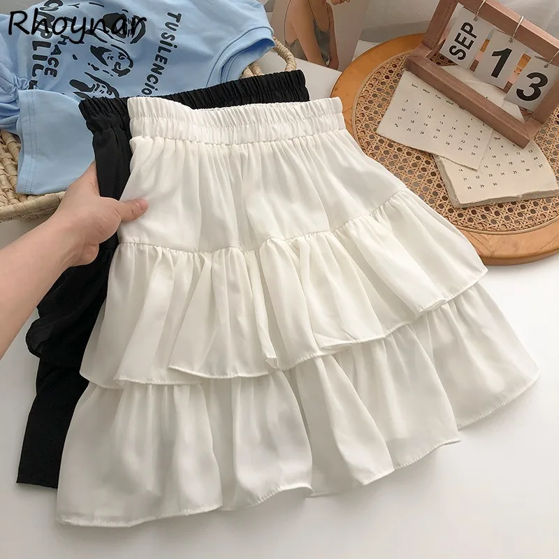 

Solid Skirts Women Basic Leisure All-match High Waist Elastic Soft Pleated Ball Gown Korean Style Lovely Girlish Gentle Summer