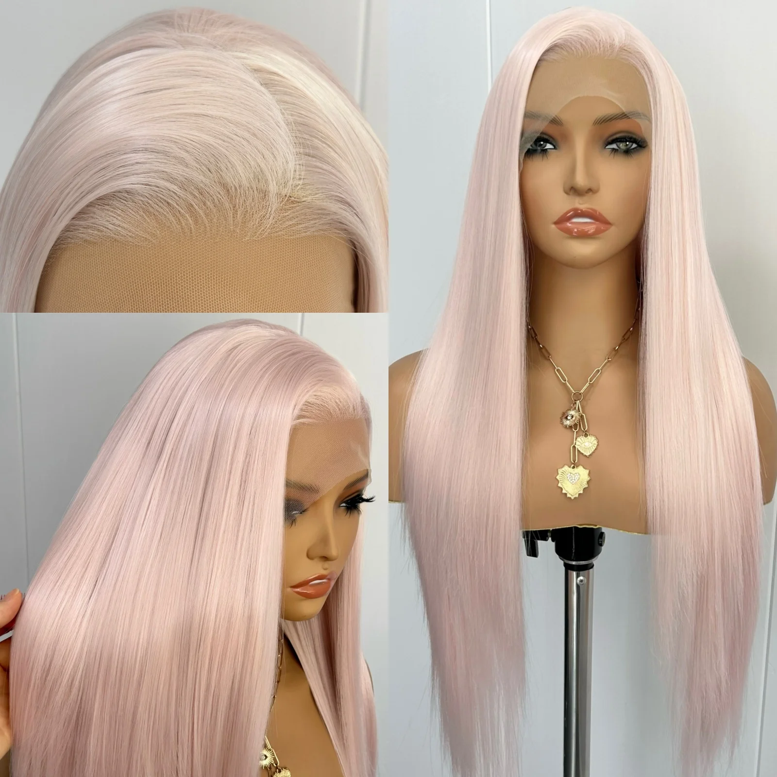 Light Pink Silky Straight Synthetic Wigs for Women Free Part Pre Plucked Natural Hairline Yaki Straight 13X4 Lace Frontal Daily