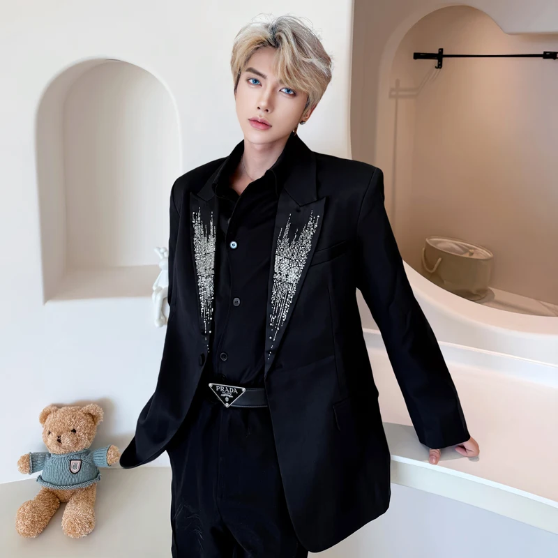 WTHT Trendy Men's Embroidery Shoulder Pads Blazer Coats Fashion Turn Down Collar Long Sleeves Jackets Male 2025 Autumn 2A2133