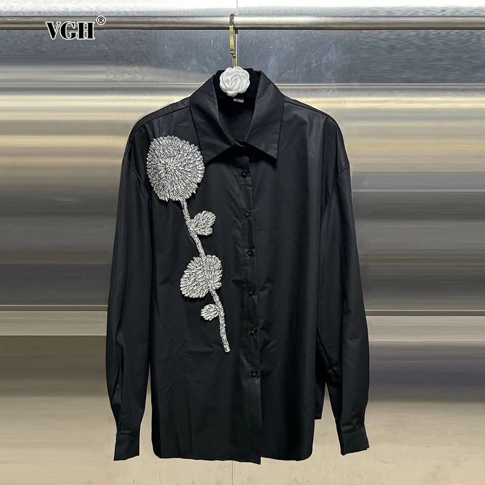 VGH Casual Spliced Diamonds Loose Shirts For Women Lapel Long Sleeve Patchwork Button Minimalist Solid Blouses Female Fashion