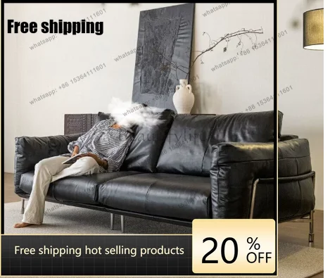 lTop Layer Leather Sofa Retro Black High-Leg Straight-Row Leather Sofa