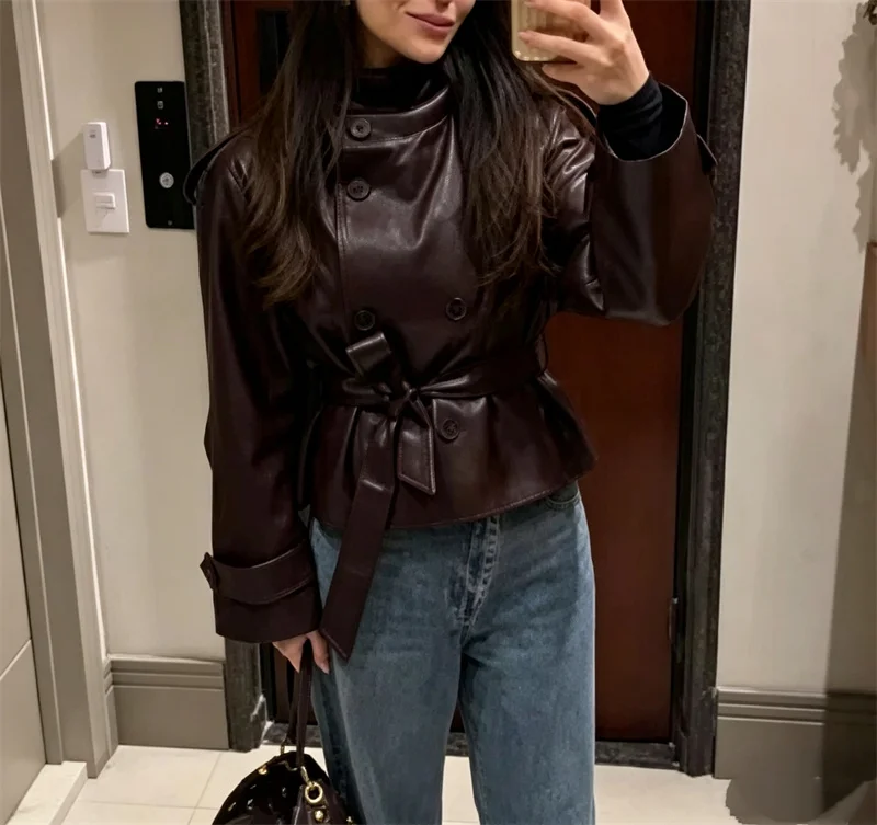 Guobioziy Women's Jacket 2026 Fall New Arrival Fashion Stand Collar Double-Breasted Short Leather-Effect Trench with Belt