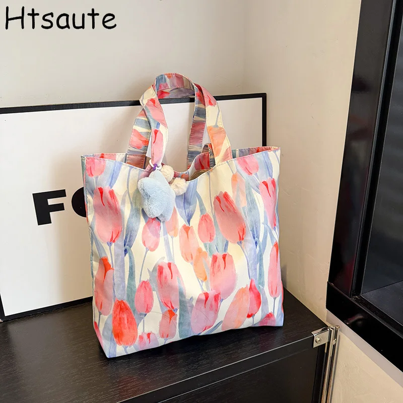 

Flower Printed Canvas Tote Bag For Women Wildflower and Books Shopping Bag Vintage Teacher Reusable Female Shoulder Bags