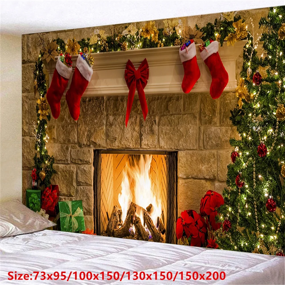 

Christmas Backdrop Wall Christmas Gifts Fireplace Tapestry Tree Xmas Red Socks Tapestry Room Bedroom Dorm Home Decor 95x73cm