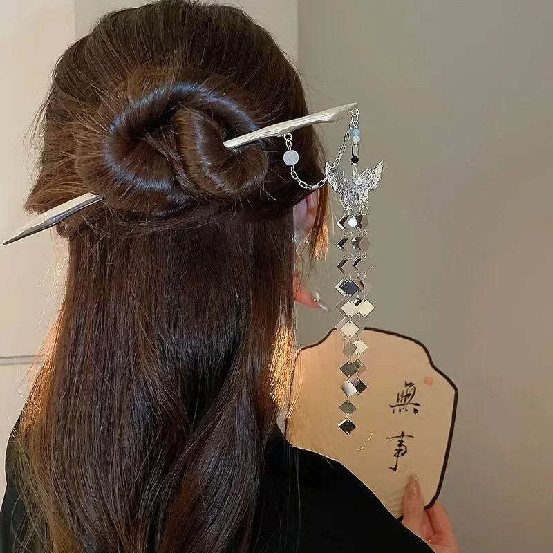 2 قطعة دبوس الشعر المرأة العتيقة الفضة فراشة شرابة الشعر عصا خمر النمط الصيني المعادن مجوهرات إكسسوارات الشعر دبابيس الشعر #4